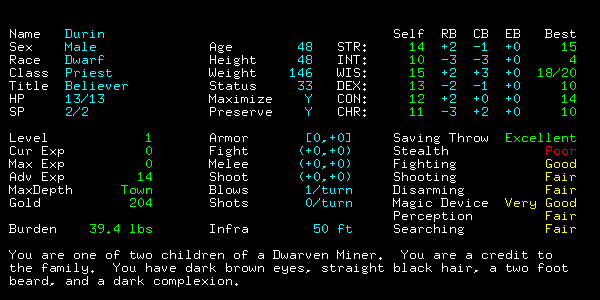 Charakterbildschirm eines neuen Charakters